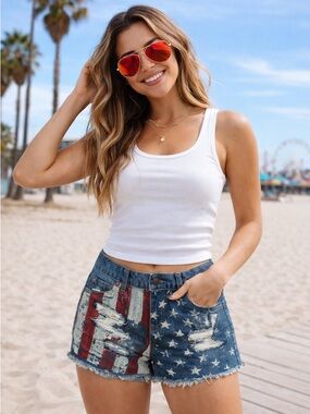 Distressed Denim Shorts USA Flag - Patriotic High Cut Cutoffs Size 26 NWOT
